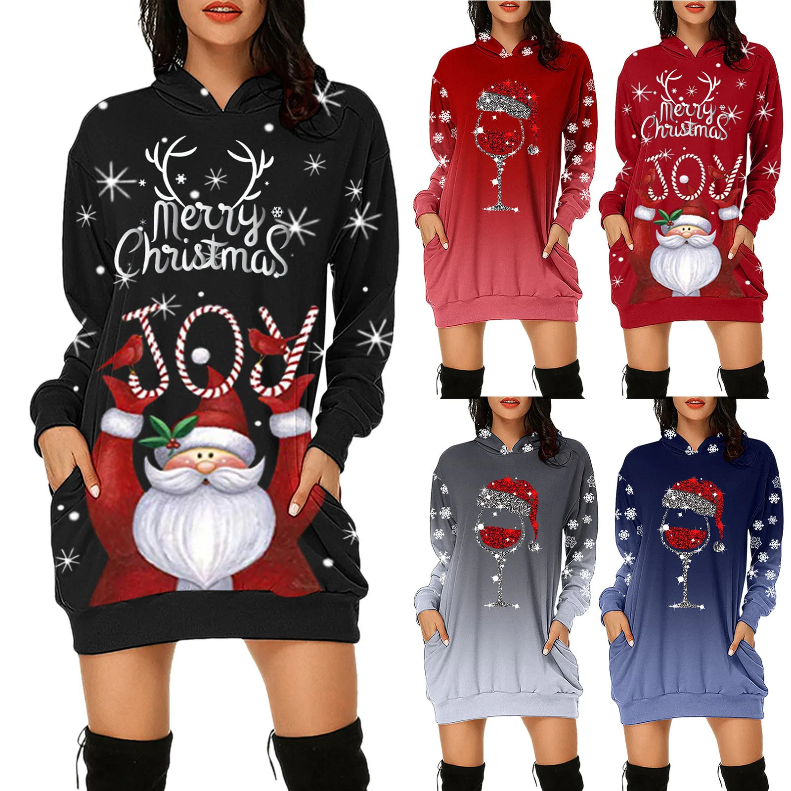 Ladies Fashion Women Christmas Red Wine Glass Sweatshirts Christmas Hat Print Winter Hoodies Female Long Sleeve Shirts Dresses