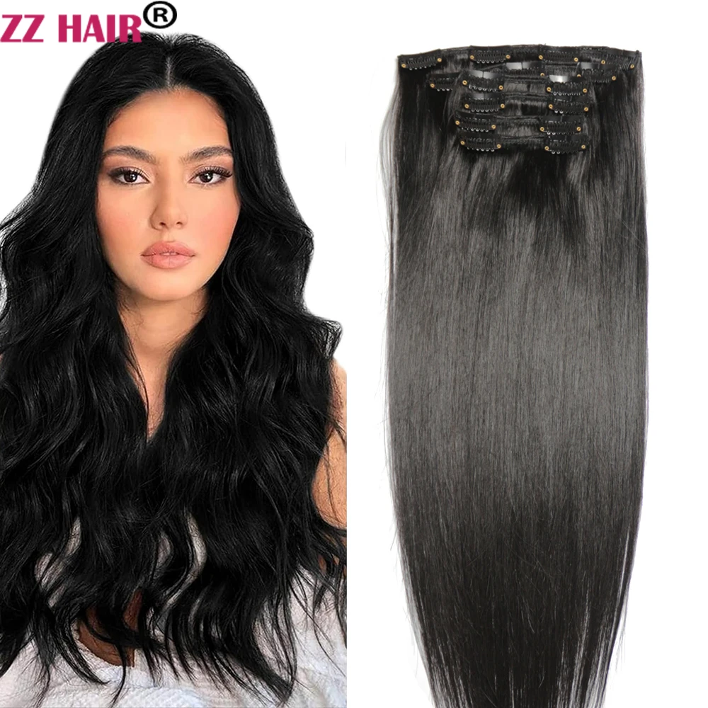 ZZHAIR Clips In 100% Human Hair Extensions 16"-24" Machine Made Remy Hair 6Pcs Set 140g-160g  Full Head Straight Natural