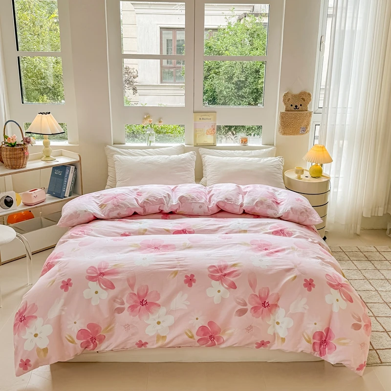 Pink Floral Duvet Cover Set 100% Cotton Chic Garden Flowers Queen King Bedding Set Zipper Comforter Cover with 2 Pillowcases