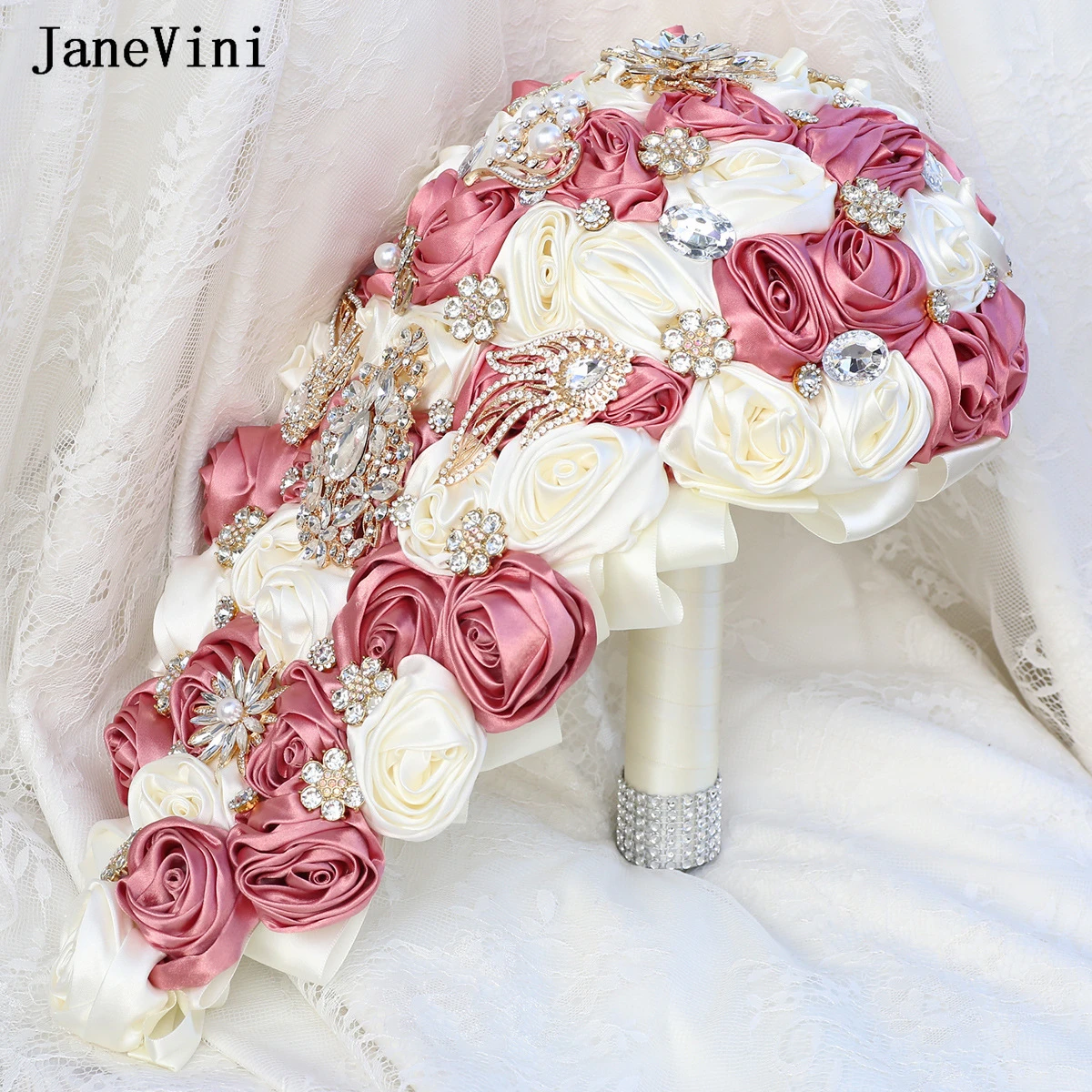 JaneVini-ramos de novia rosas en cascada, diamantes de imitación dorados brillantes, rosas artificiales de satén, ramo de flores de boda de cascada coreana