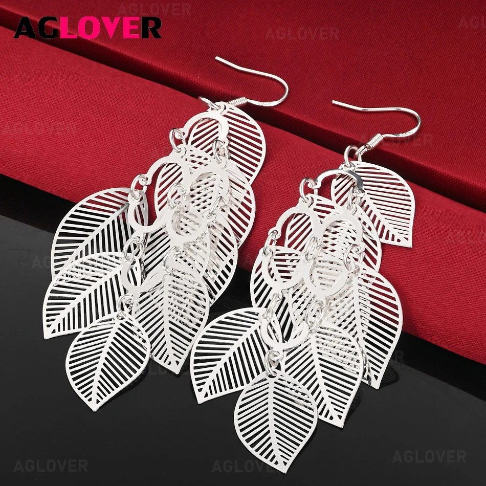 

AGLOVER 925 Sterling Silver Vintage Flocking Long Leaf Earrings Classic Cute Women's Banquet Party Jewelry