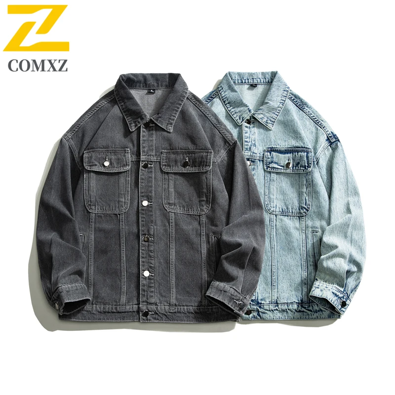 COMXZ Men Cotton Denim Jacket 2025 Casual Hip Hop Style Motorcycle Coat Vintage American Fashion Autumn Washed Denim Jackets