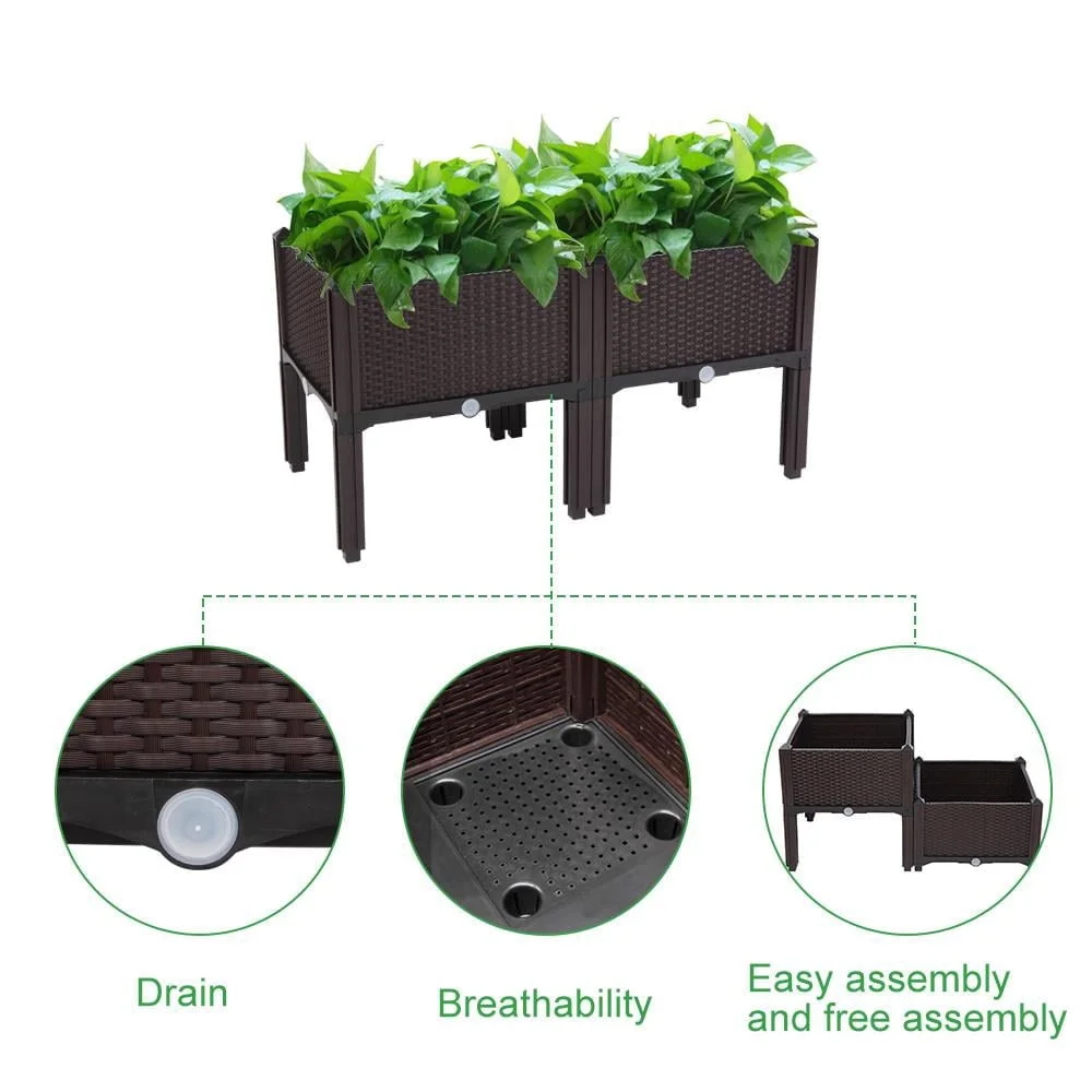 2 Piece Raised Garden Bed Kit Durable Lightweight Planter Box Easy Assembly Rattan Pattern Ideal Outdoor Spaces