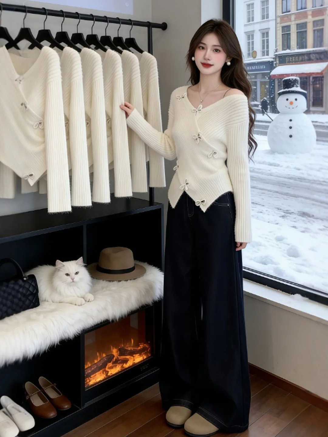 

Женский вязаный свитер с завышенной талией, нежный, в корейском стиле, весна 2026, длинный рукав, V-образный вырез, стандартный, тонкий