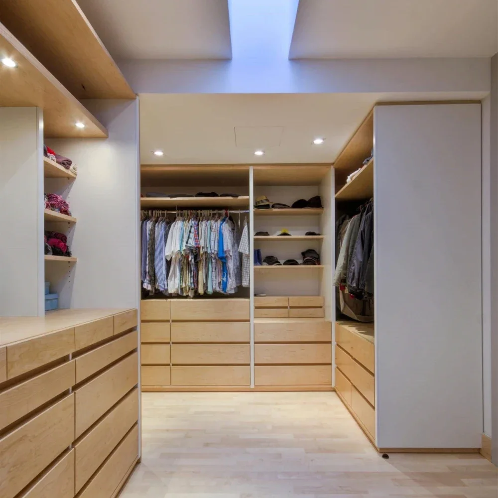 Dressing Room L Shape Customized Luxurious Solid Wood Walk In Closet With Shoes Cabinet