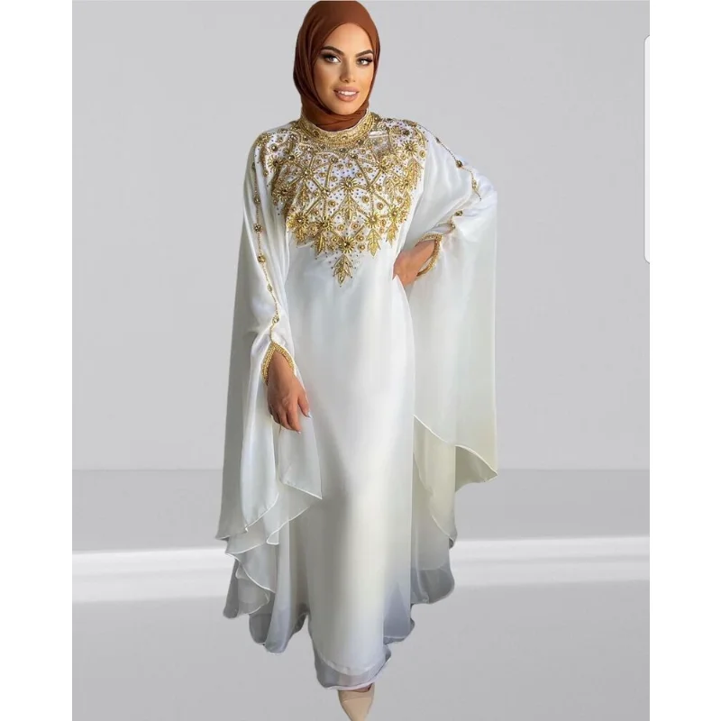 Off White Royal Dubai Kaftan Abaya African Beaded Arab Party Floral Abaya Dress European and American Fashion Trends