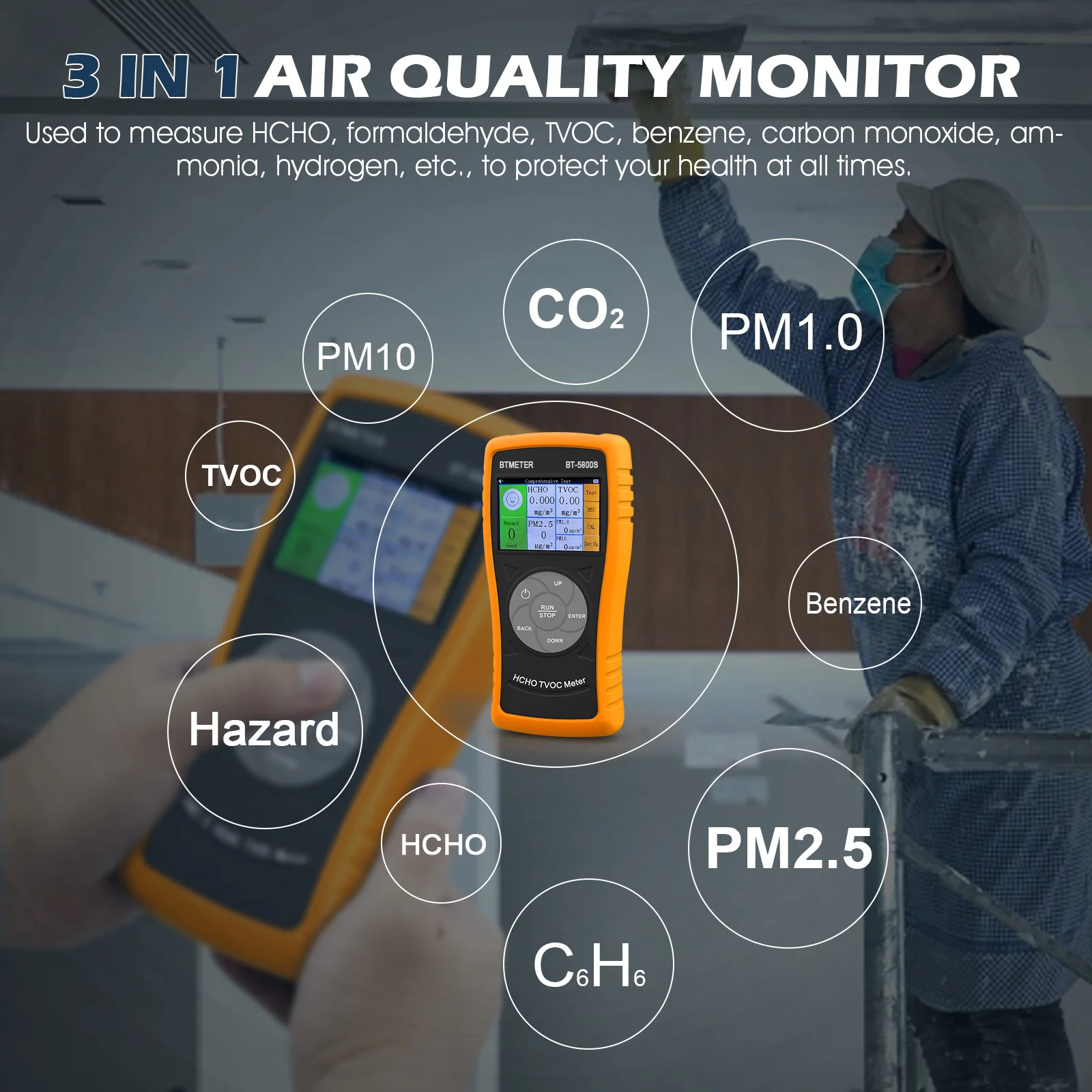 HP5800S Air Quality Monitor, Formaldehyde (HCHO) Detector with PM2.5/PM1.0/PM10, TVOC, Benzene Testing for Home & Office