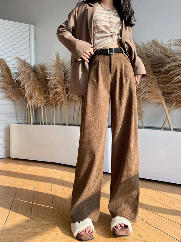 Khaki Women\'s Corduroy Pants with Fleece 2024 Spring Wide Leg Pants Baggy Straight Slim Suit Trousers for Winter Warm Joggers