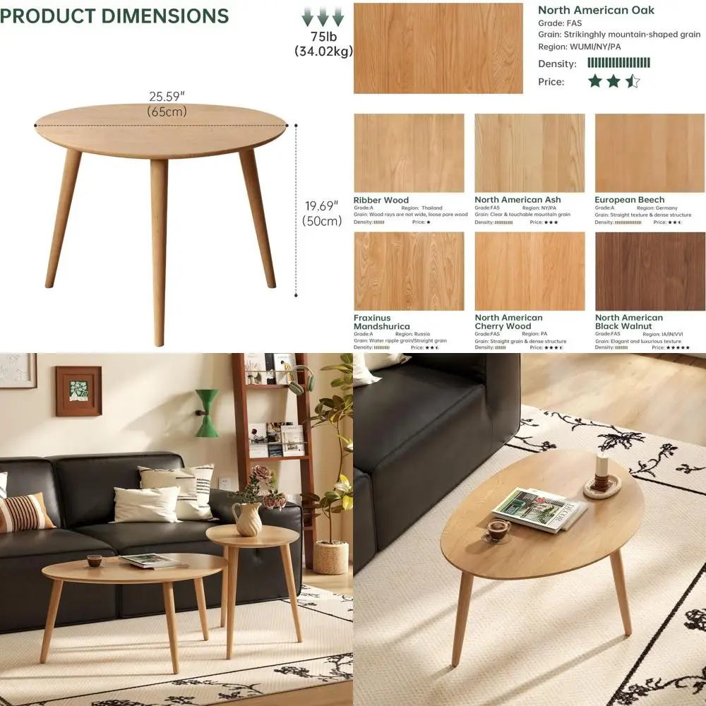 

Mid-Century Modern Solid Oak Coffee Table, 25.6 x 17.5 x 19.7, Living Room Side Table, Natural Wood Finish