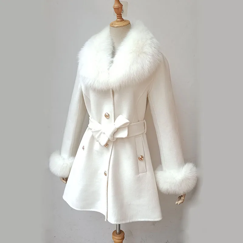 2023 Winter Real Fox Fur Coat Women Wool Jacket With Natural Fox Fur Collar Slim Female Woolen Cashmere Outwear