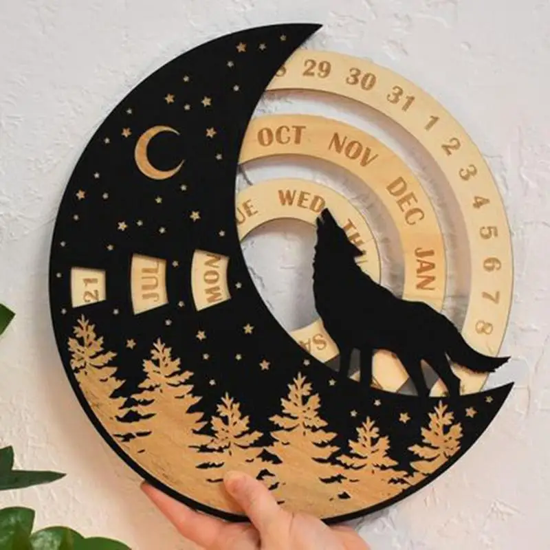 Halloween Wooden Perpetual Calendar Circular Spin Moon Disks Calendar Wood Craft Wall Arts Desktop Ornament Halloween decoration