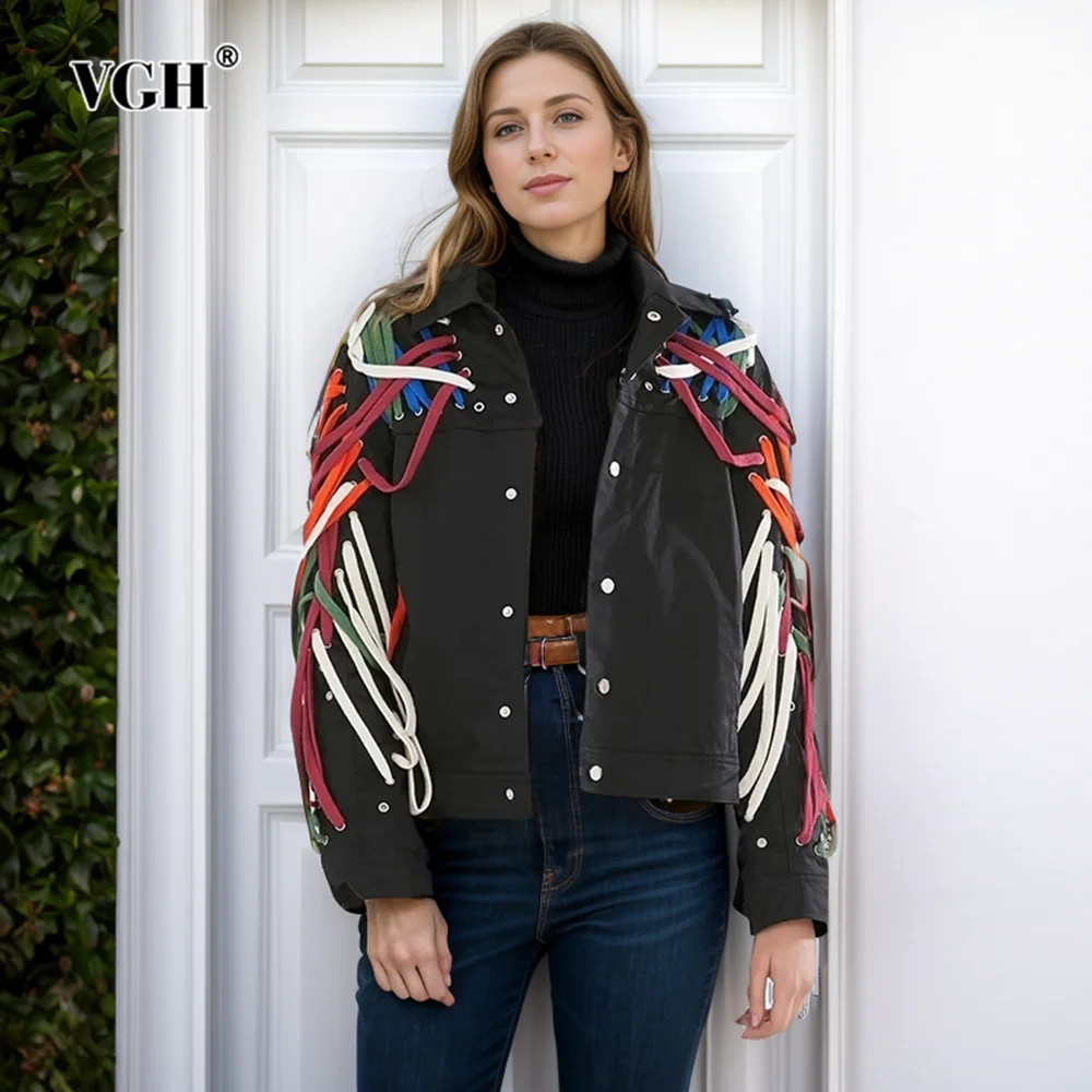 VGH Hit Color Streetwear Jackets For Women Lapel Long Sleeve Patchwork Single Breasted Bandage Coats Female Fashiong Clothing