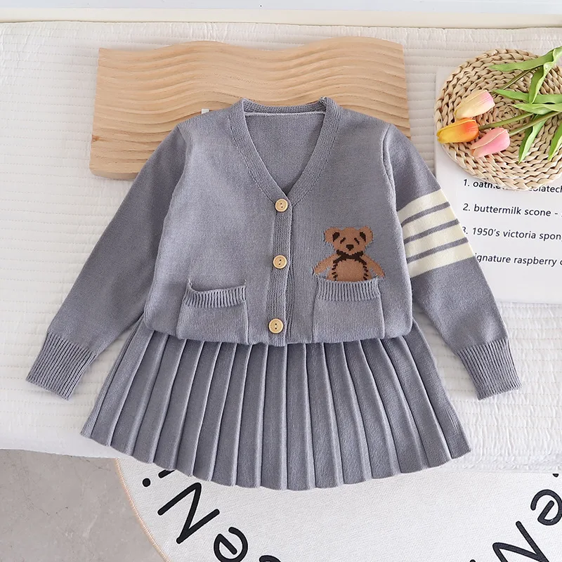 Spring Autumn girls skirts Set Child College suit Little Beat Knitted cardigan+skirt 2pcs Fashion baby clohtes suit kids outfits