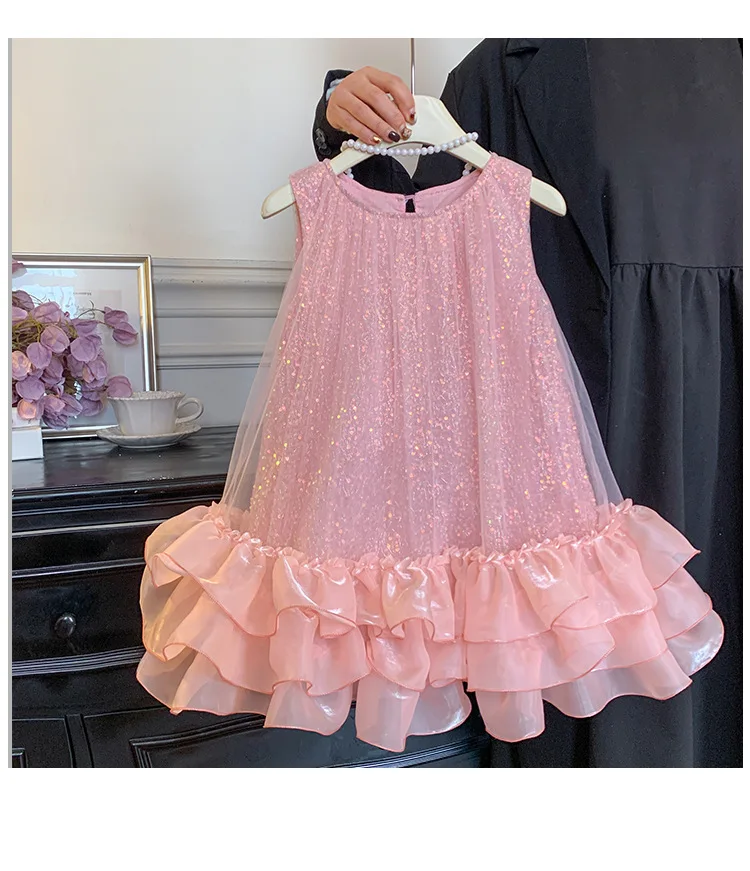 New Baby Summer Girls Sequined Vest Mesh Dress, Princess Kids Fashion Party Dresses 2- 8 T