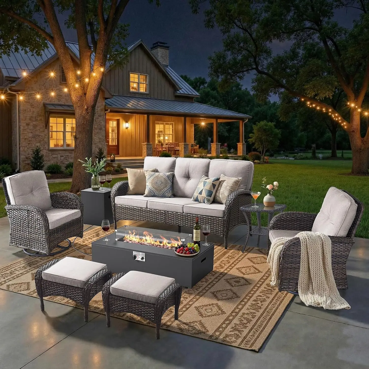 High Back Swivel Rocker 7 Pieces Outdoor Patio Furniture Set With Fire Pit Table & Ottomans For Porch Deck Backyard, Customized