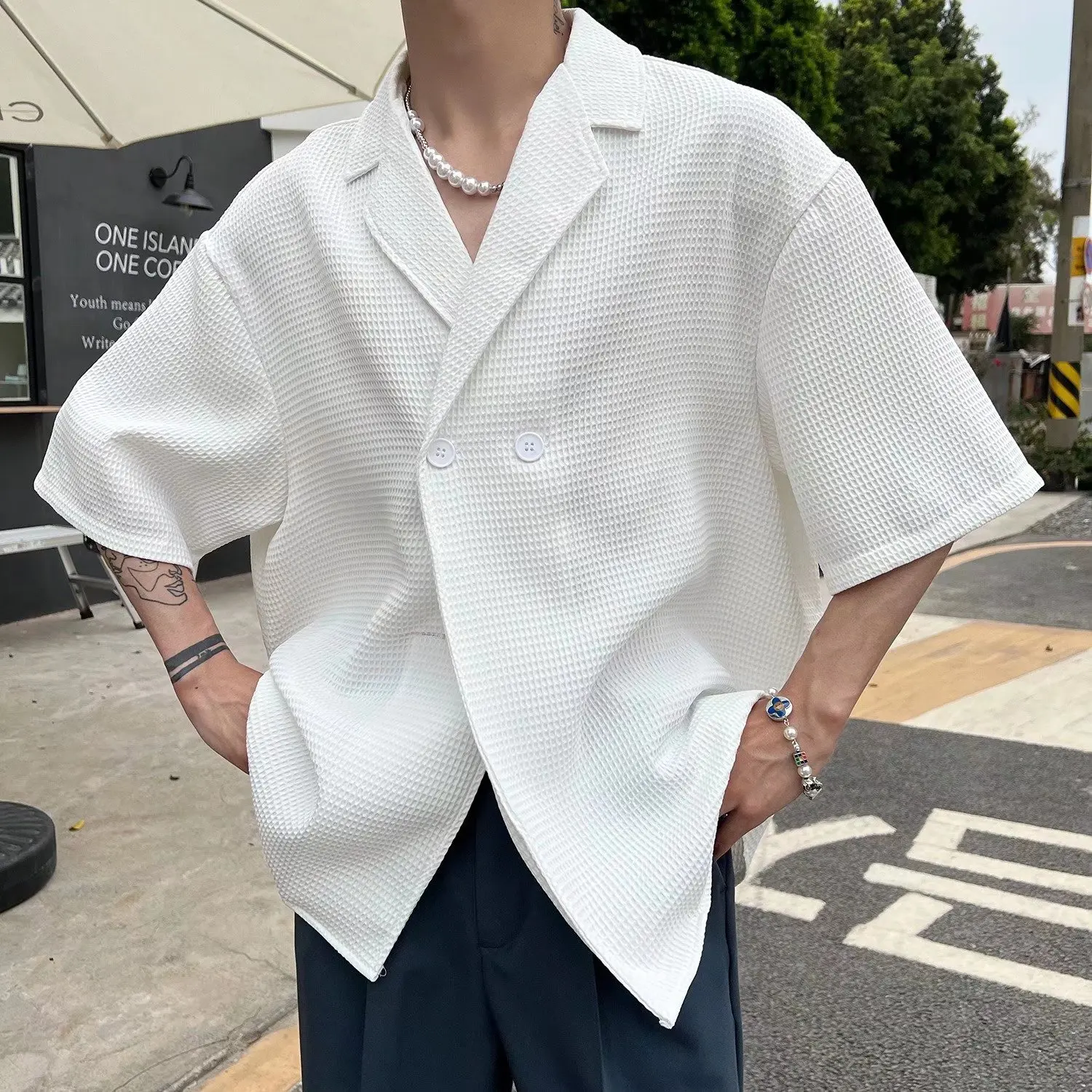 Premium Suit Collar Shirt Loose and Fashionable New Three-dimensional Waffle V-neck Short-sleeved Shirt Men's