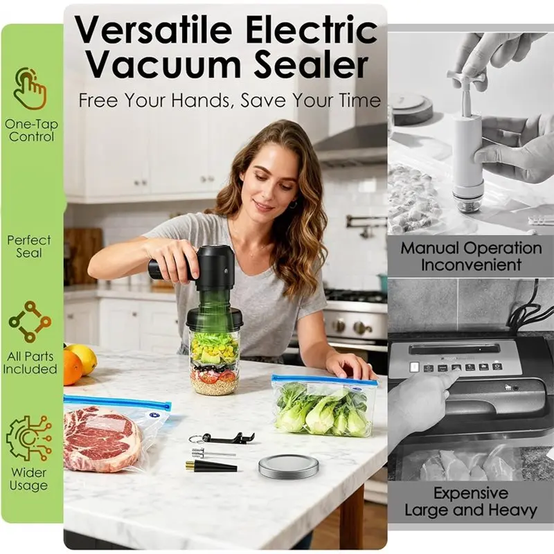 

A84G-Electric Masonjar Vacuum Sealer Kit With Reusable Vacuum Bags,3In1 Handheld Vacuum Sealer, Powerful Vacuum Seal Machine