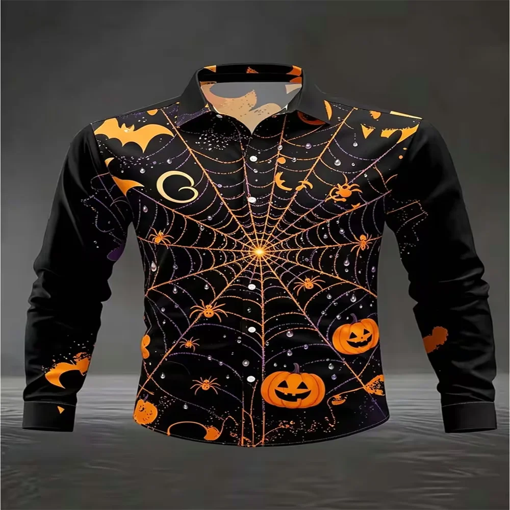 Men Halloween Long Sleeve Shirt Pumpkin Spider Web Bat Print Lapel Button Down Shirts Autumn Holiday Party Casual Loose Tops For