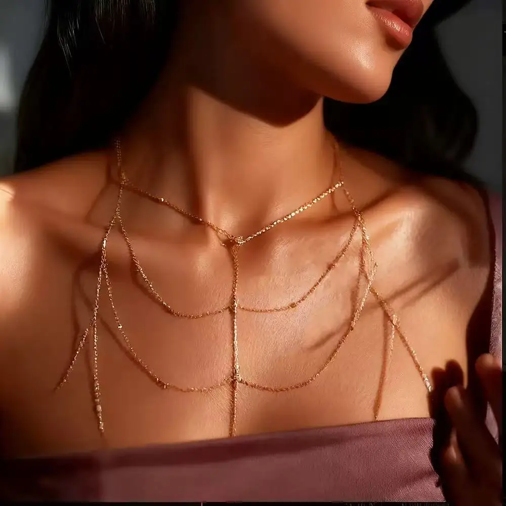 

2025 New Selling Sexy Women Tassel Chain Adjusted Chain Body Chain Sparking Jewelry Gold Color Female Necklace