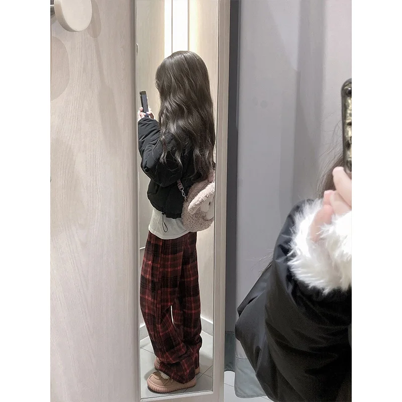 الأحمر منقوشة Fce اصطف واسعة الساق عارضة السراويل عالية الخصر مستقيم قطع الرياضة Sweatpants للنساء الخريف الشتاء فضفاضة تناسب