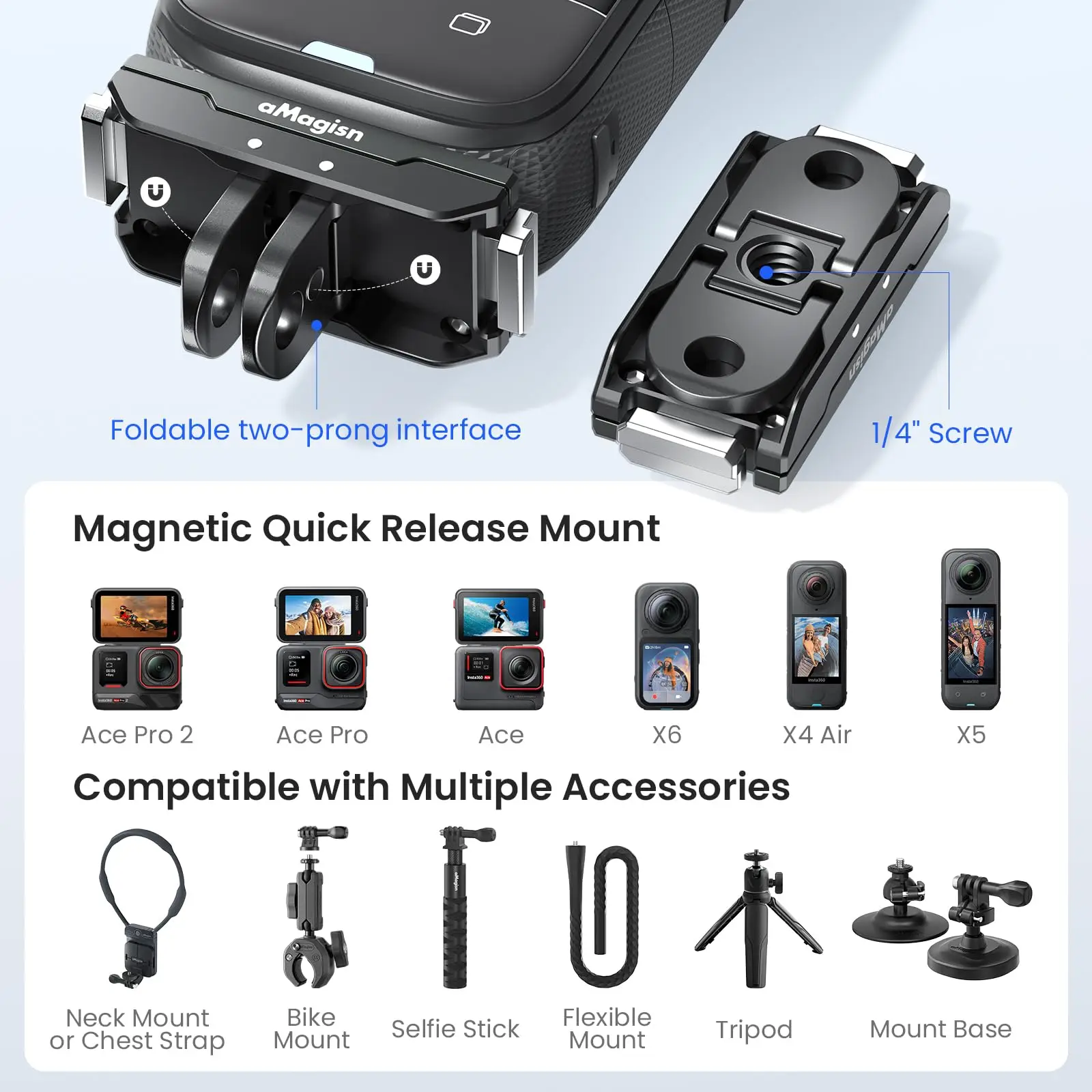 Uchwyt szybkiego montażu aMagisn do Insta360 X6 X5 / X4 Air / Ace Pro 2, metalowa podstawa magnetyczna z akcesoriami do kamery z gwintem 1/4″ i 2-zębny uchwyt. — zdjęcie produktu 2