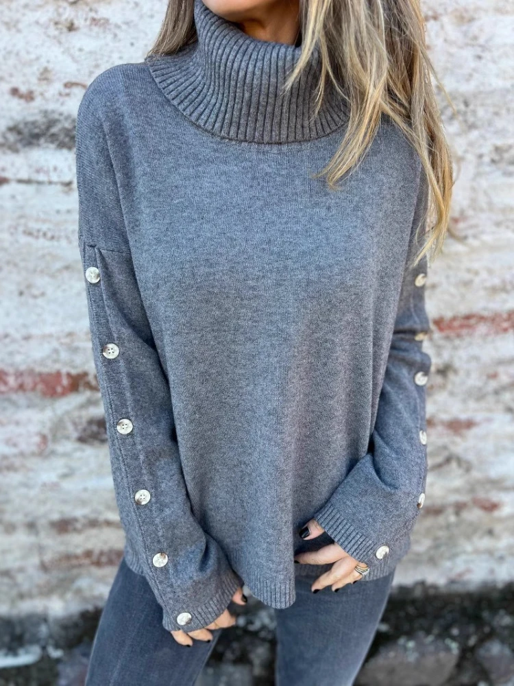 

Women's Pullovers Autumn and Winter Solid Color Office Lady New Knitted Sweater Casual High Collar Loose Button Sweater