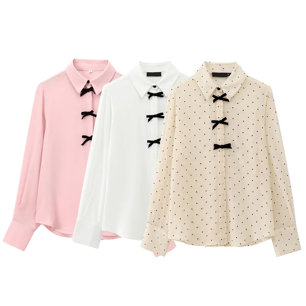

2025 fashion new women's clothing casual elegant design sense European and American style velvet bow decoration shirt