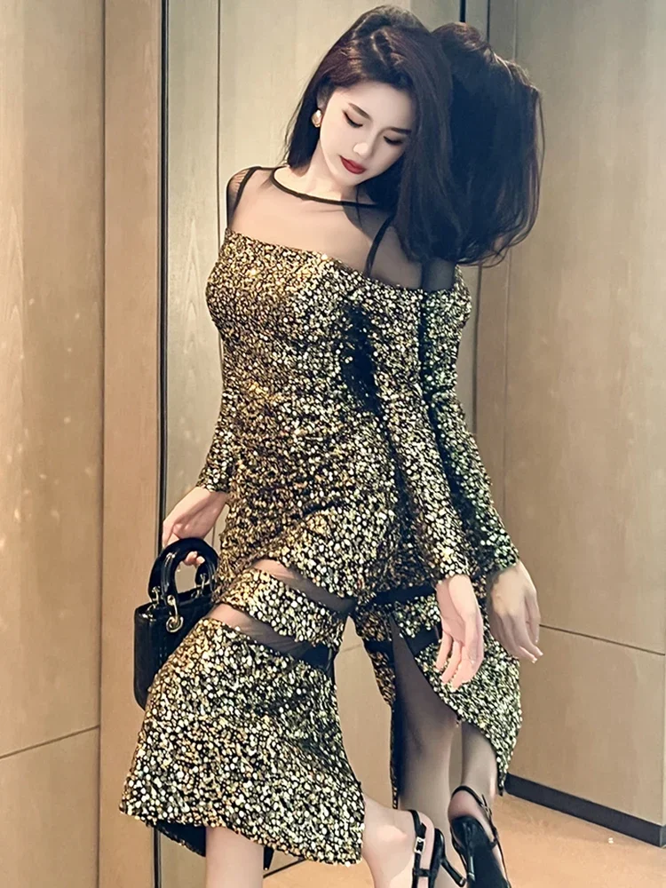 Celebrtiy Vintage Evening Dress Women's Fashion Style Exquisite Bright Shiny Sequin Sheer Mesh Bodycon Robe Party Prom Vestidos