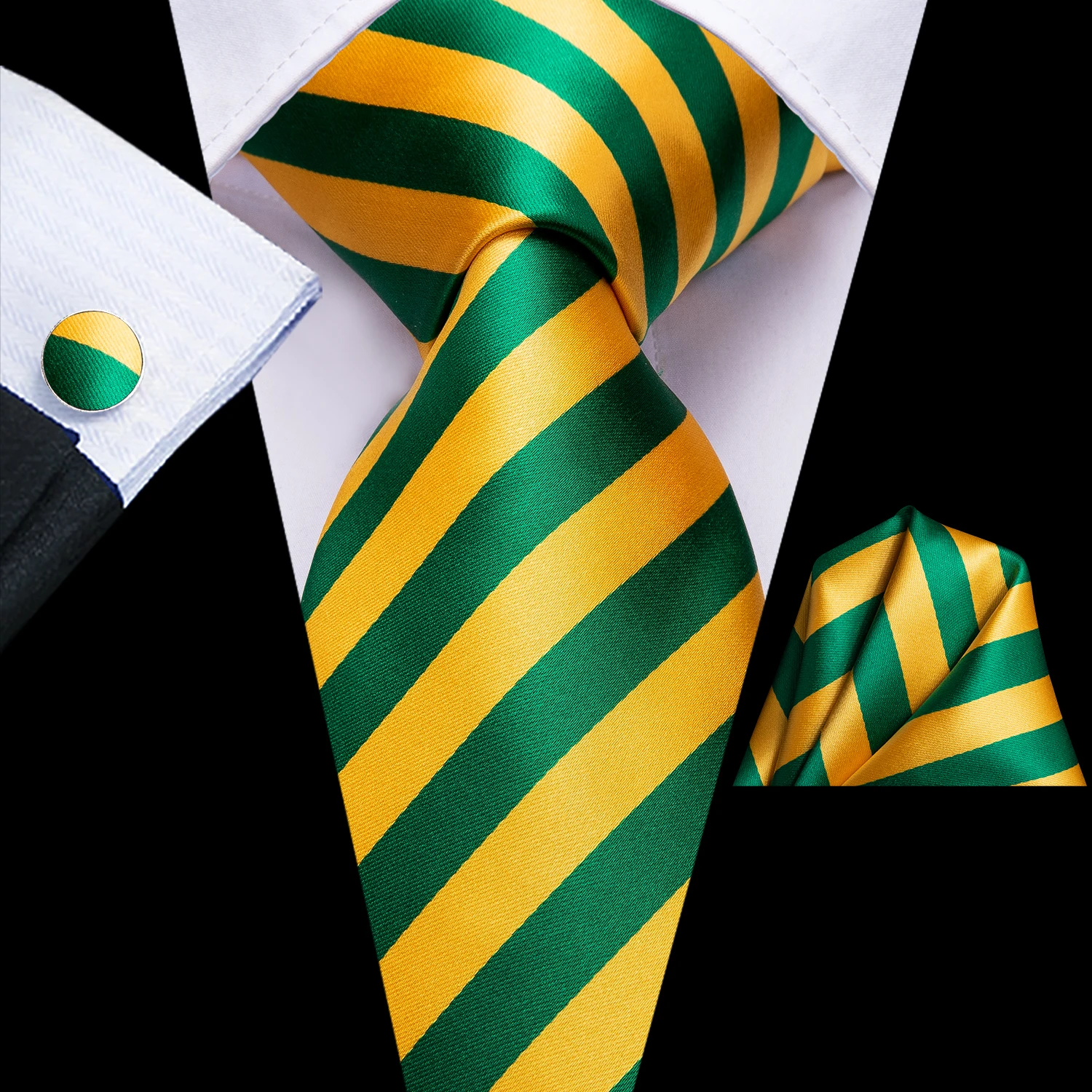 Hi-Tie Yellow Green Striped Wedding Tie For Men Fashion Design Handky Cufflink Set For Men Necktie Business Party Dropship