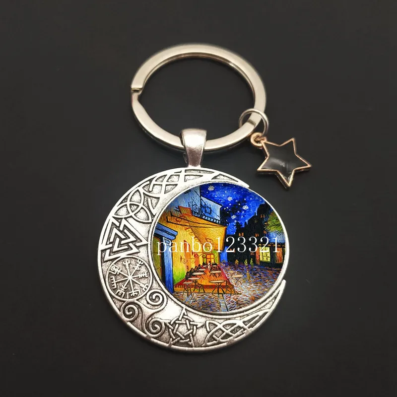 Van Gogh Art Master Oil Painting Keychain Art Glass Cabochon Jewelry Starry Night Sky Sunflower Pendant Ladies Lover Girl Gift