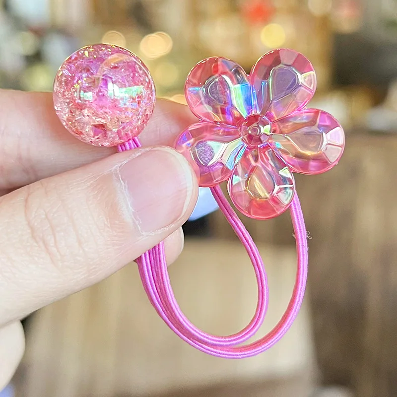 2pcs/lot Solid Flower Burst Glittering Powder Round Ball Long Elastic Hair Band For Girl Children Cute Kawaii Fancy Rubber Ties