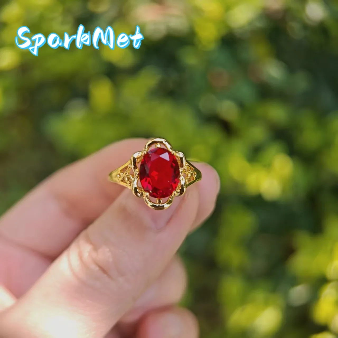 

Sparkmet 9999 pure gold 24k real gold ring, natural red, blue, green crystal inlaid with adjustable opening, gold, stone, garnet