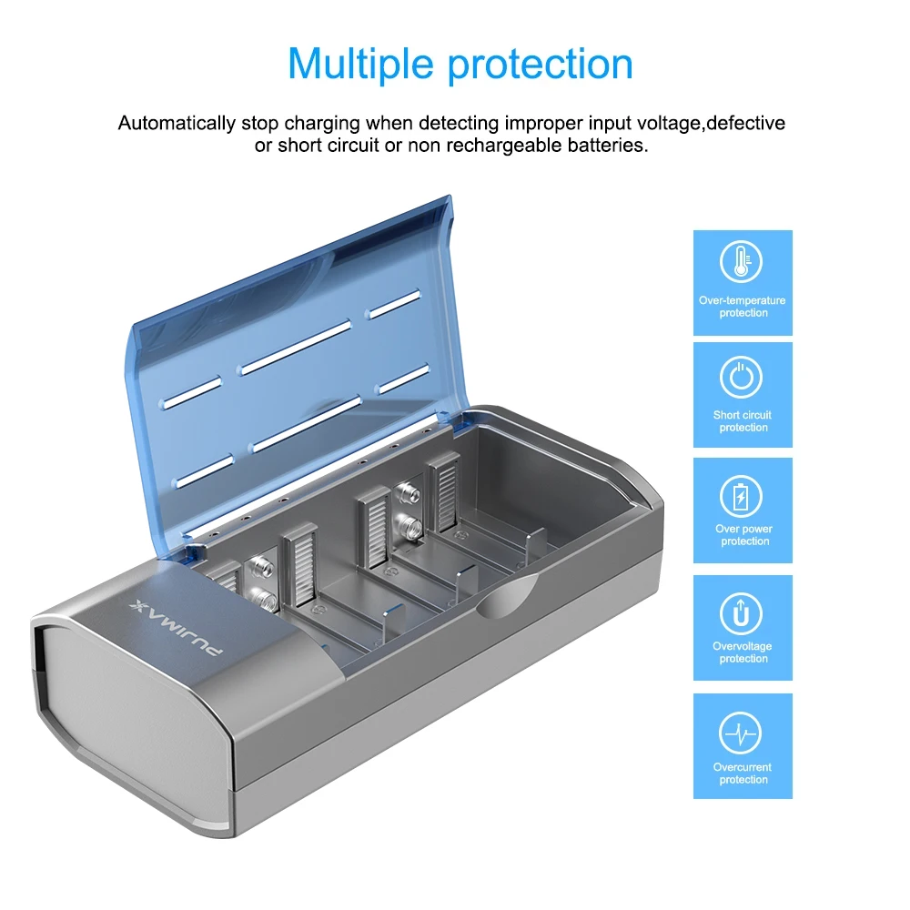 PUJIMAX-Carregador de Bateria Recarregável, 6 Slots, Display Inteligente LED, Carregamento Rápido, UE, Ficha EUA, 1.2V, AAA, AA, C, Tamanho D, 9V