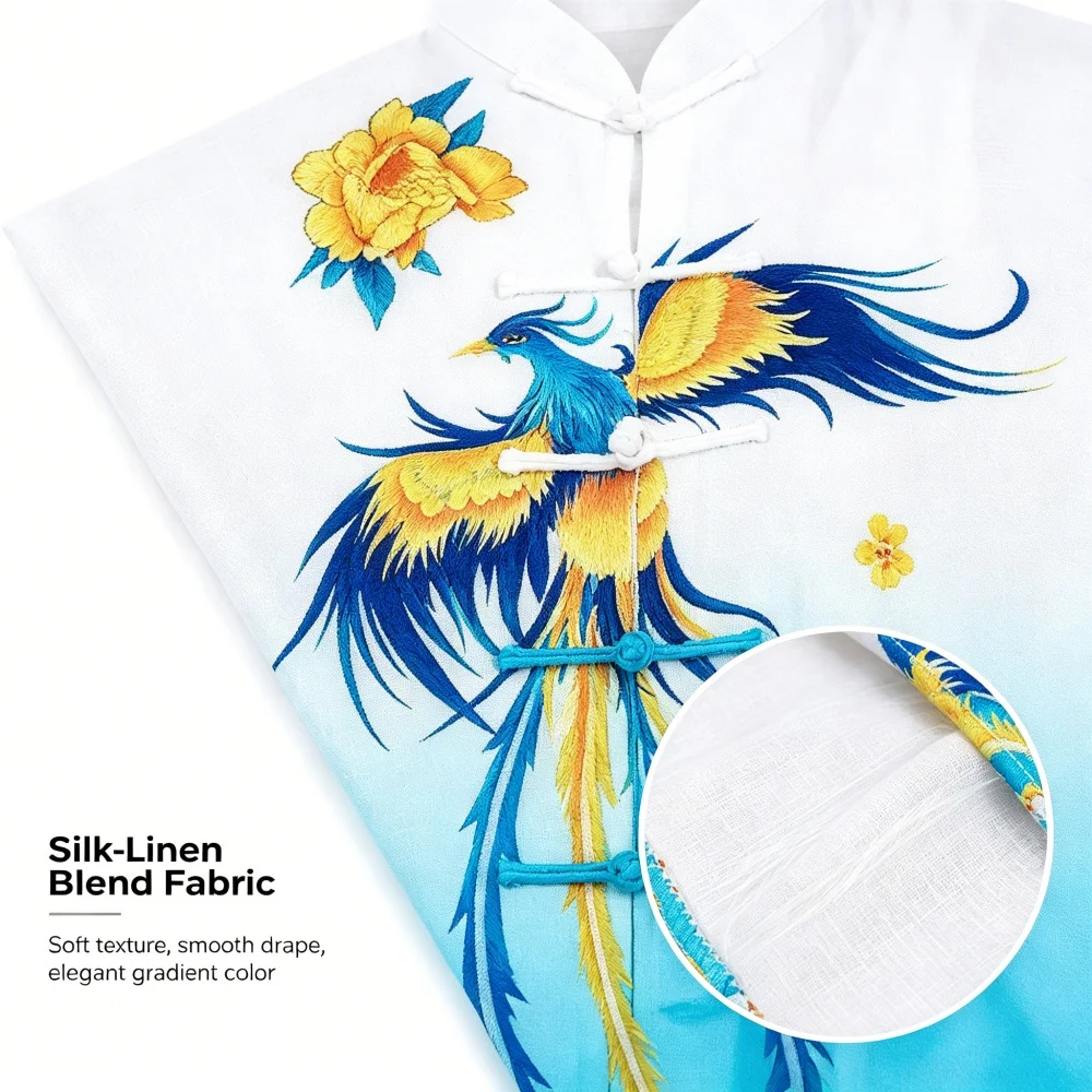 Men Women Tai Chi Uniform Gradient Blue Dragon Phoenix Embroidery Martial Arts Outfit Lightweight Silk Linen Tai Chi Clothing