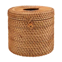 Round Rattan Tissue Box Vine Roll Holder Toilet Paper Cover Dispenser For Barthroom,Home,Hotel And Office