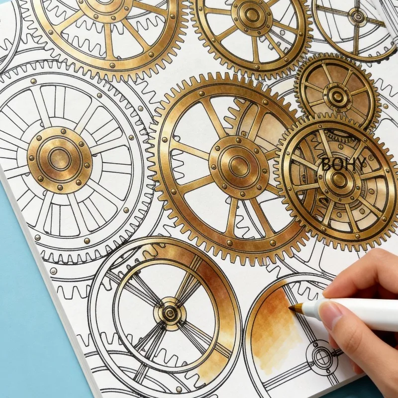 1 Adult Decompression Coloring Album, Include Themes Such As Mechanical Gears, European Town Streetscapes, Cherry Blossom Trees