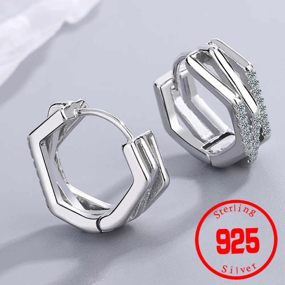 

2024 Stamp 925 Sterling Silver needle Geometric Round Hoop Earring For Women Girl Shiny Rhinestone Wedding Jewelry Gift