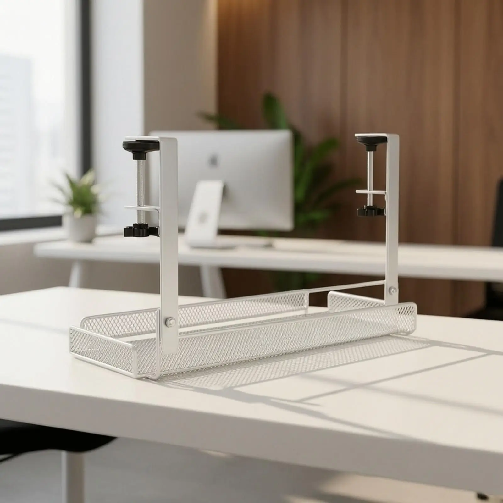 Carbon Steel Under Desk Organizer Shelf with Hook Clamps for Cable Management Power Strip Holder and Desk Tidy