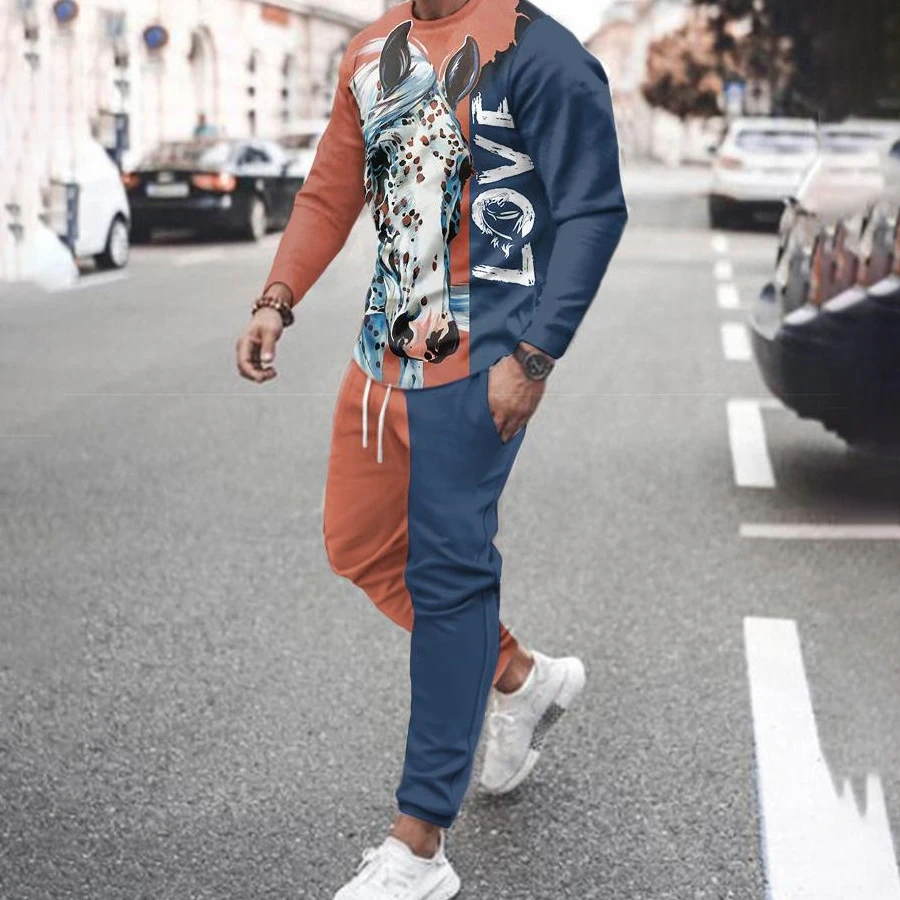 

New Simple Tracksuit Fashion Men 3D Printed Long Sleeve+Sweatpants Outfit Casual Streetwear Sportswear Oversized 2 Pieces Set