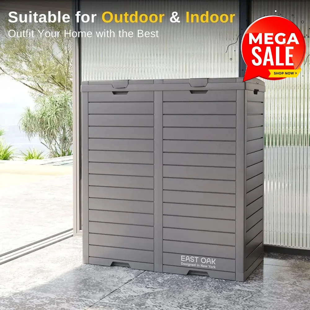 

Серый уличный мусорный бак из полимерной смолы на 76 галлонов с многоуровневой крышкой и поддоном для сбора воды для патио и террасы