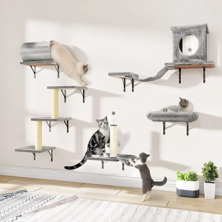 

Cat Wall Shelves, 7-in-1 Wall Mounted Cat Climber Set, with Kitten House, Bridge, Tree, Steps, Scratcher, DIY Playground for Ind