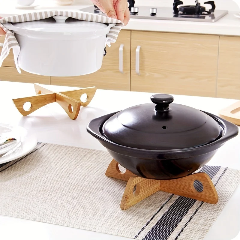1pc Home bamboo pot rack, cross pot base bracket, insulated pot bowl and plate mat, drain bowl rack, long bamboo pot base frame
