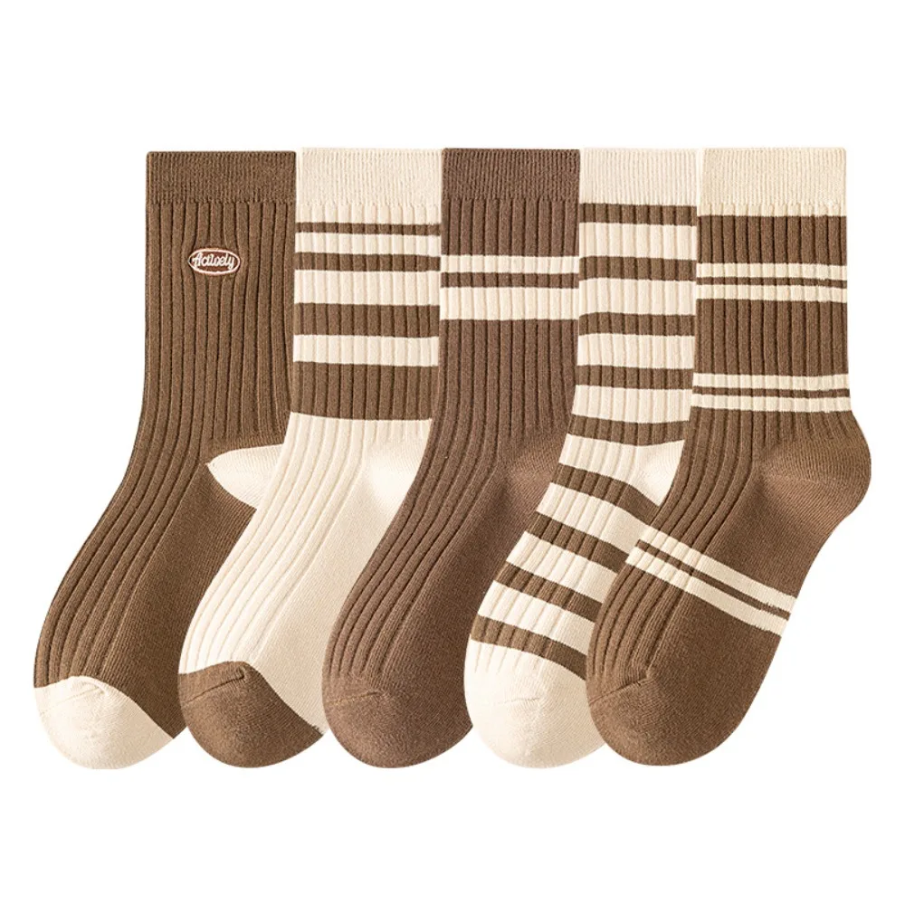 

5Pairs College Style Retro Women's Cotton Socks Soft Breathable Stripe Tube Socks Hosiery Thin Mid-calf Socks for Four Seasons