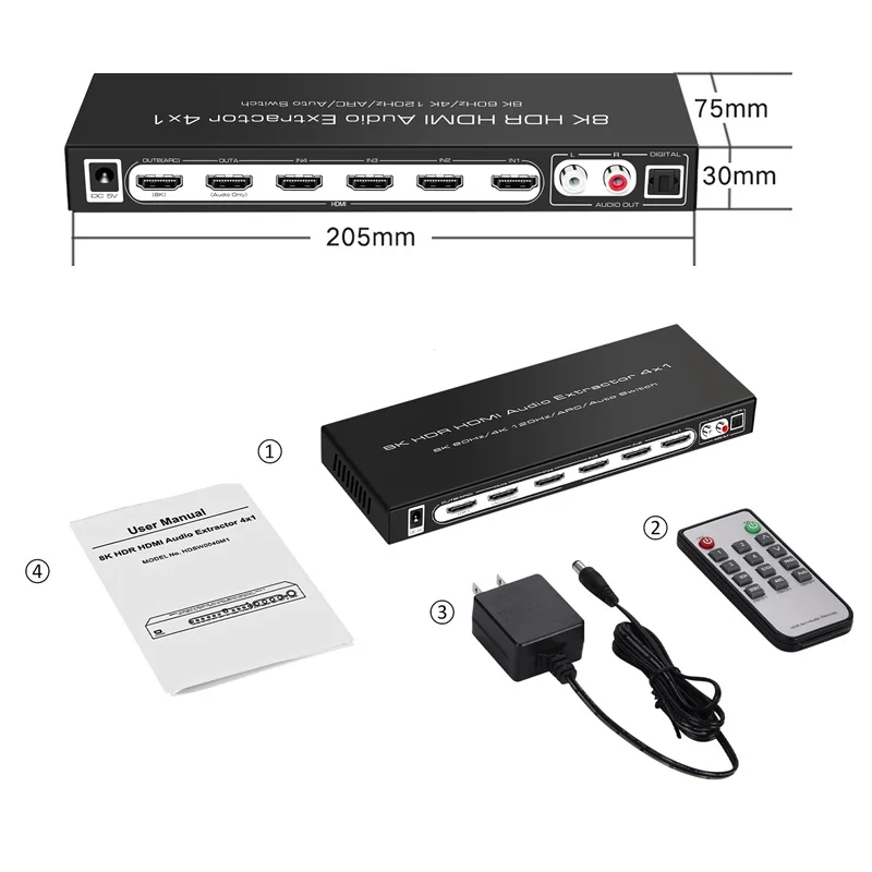 v2.1 HDMI-compatible Switcher Selector 4 In 1 Out ARC Audio Extractor 7.1 5.1 Audio Output Dolby Atmos HDR10+ 4:4:4 Dolby Vision