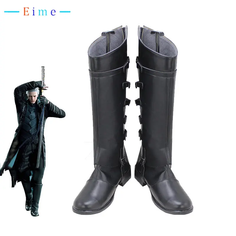 Vergil-Chaussures de Cosplay en Cuir PU Noir, Bottes de Carnaval d'Halloween, Accessoire sur Mesure