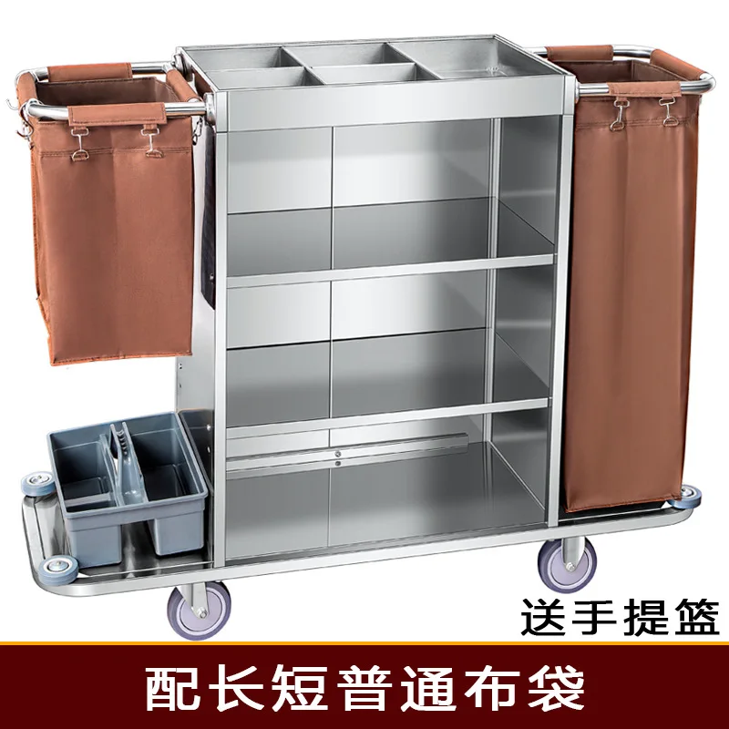 Extra thick stainless steel bilateral cleaning cart Hotel room service Multifunctional hand push linen cart Cleaning cart Cleani