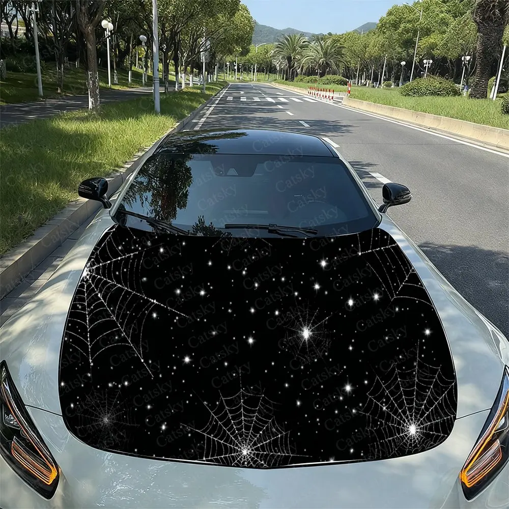 

Shining Stars on Black Pattern PVC Car Hood Wraps, Self-Adhesive Waterproof Car Bonnet Decal Sticker, Car Decoration Protection