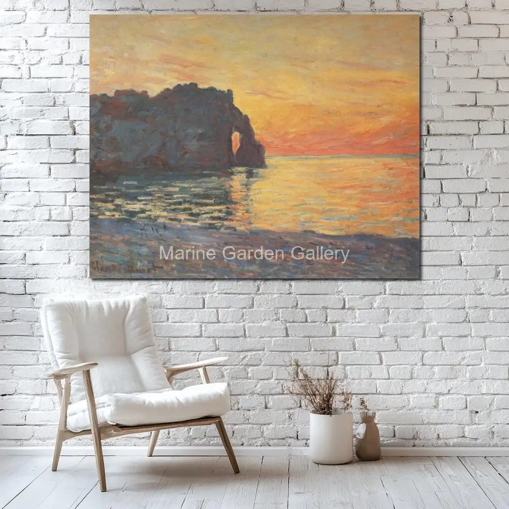 

Картина на холсте «Закат над скалой Этрета» ручной работы, масляная живопись Клода Моне, романтический абстрактный декор для кухни