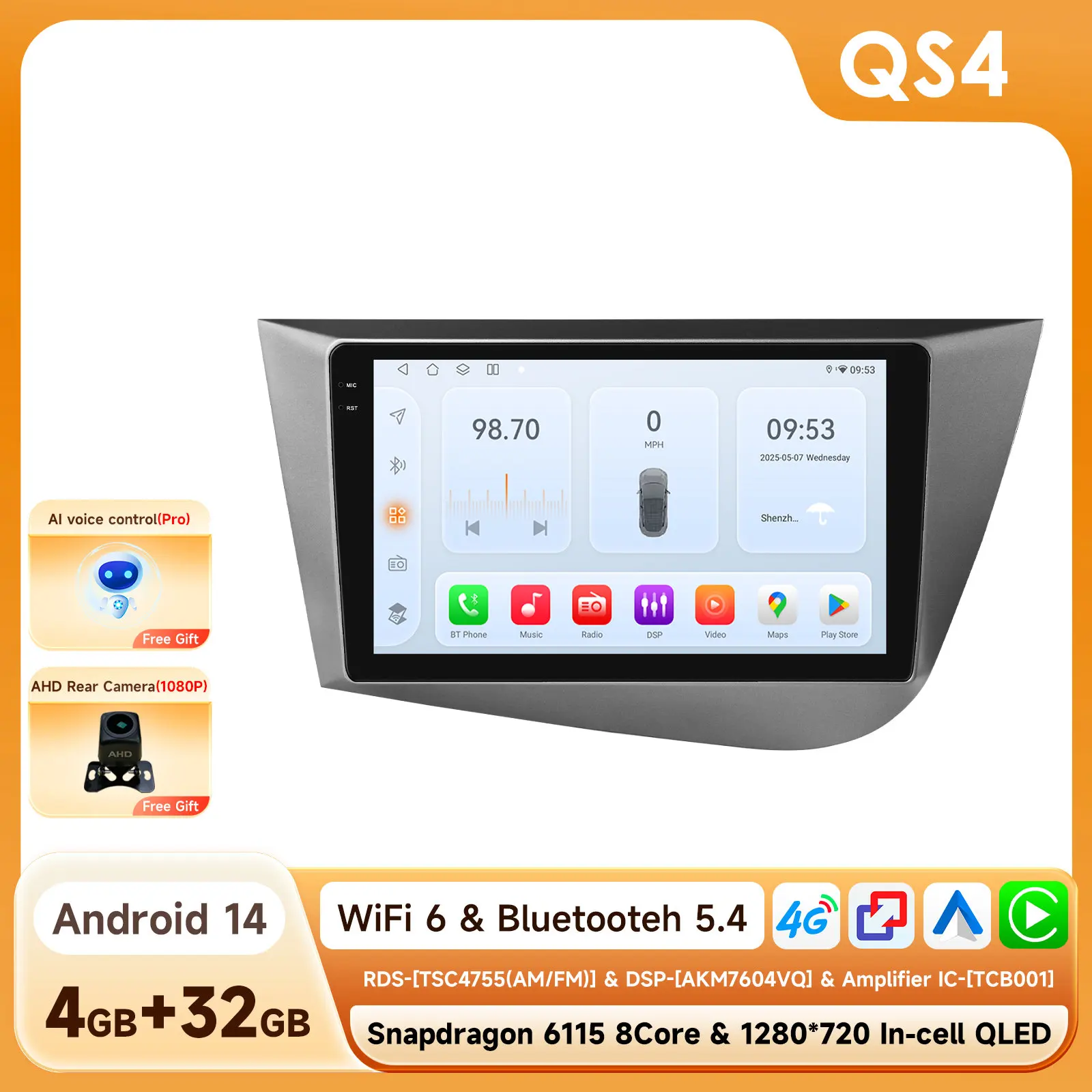 Android draadloze Carplay autoradio voor Seat Leon Mk2 2005 - 2012 Android Auto stereo GPS multimediaspeler WiFi 4G 2Din 360 camera