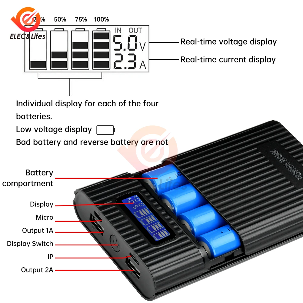 

4*18650 Battery DIY Power Bank Case Charge Storage Box 5V Dual USB Type C Android Micro USB Interface For Smart Phones